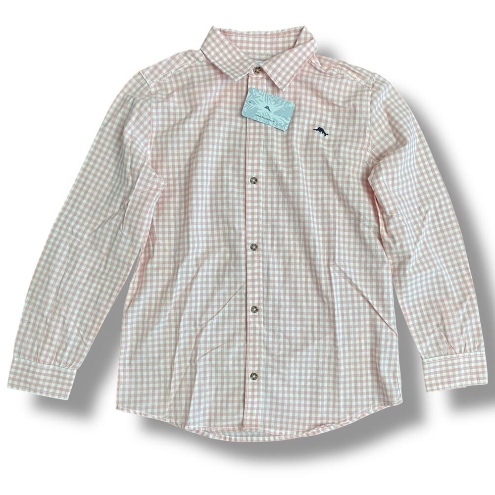 Tommy Bahama Kids Boys Pink White Gingham Button Shirt XL 14 NWT‎